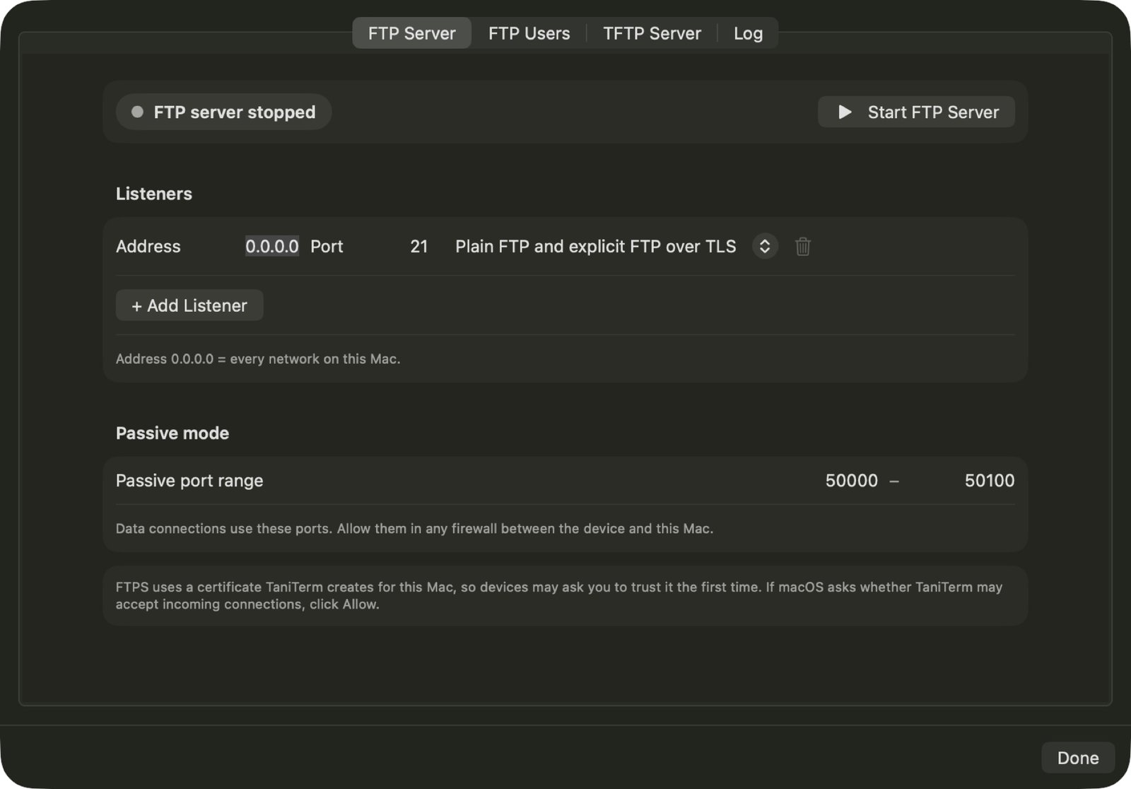 The FTP / TFTP Server window with a listener, passive ports, and Start button