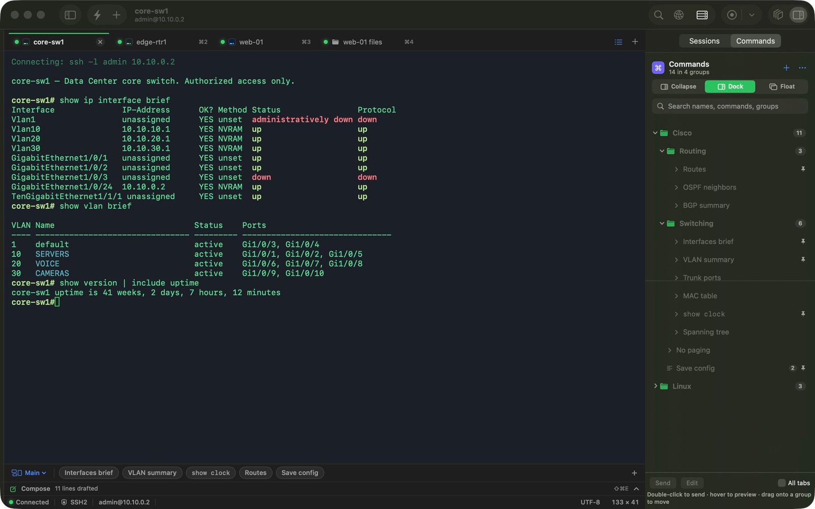 TaniTerm with Sessions and Commands together on the right, in the Midnight Blue theme