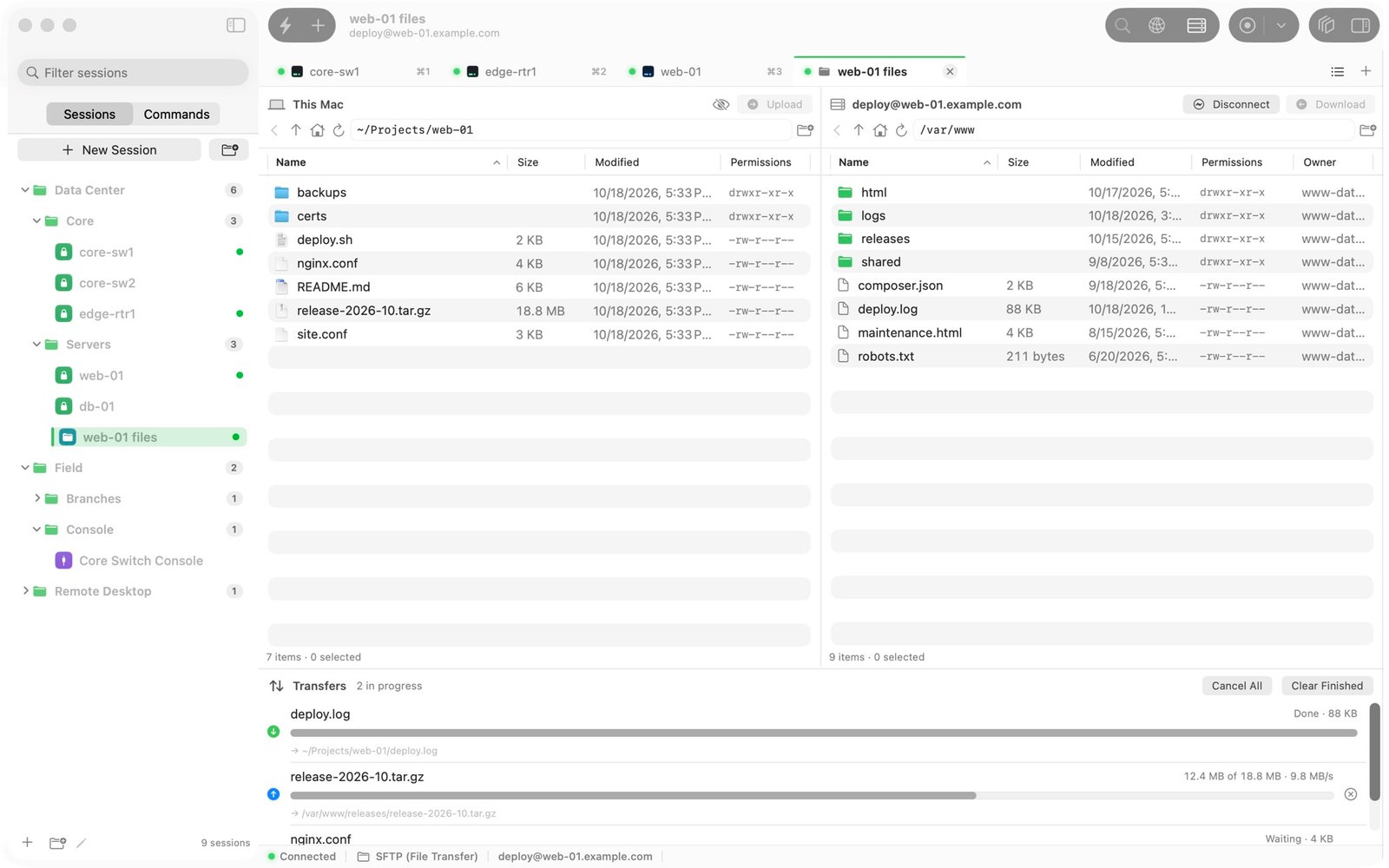 The file browser with the Mac on the left and a server on the right