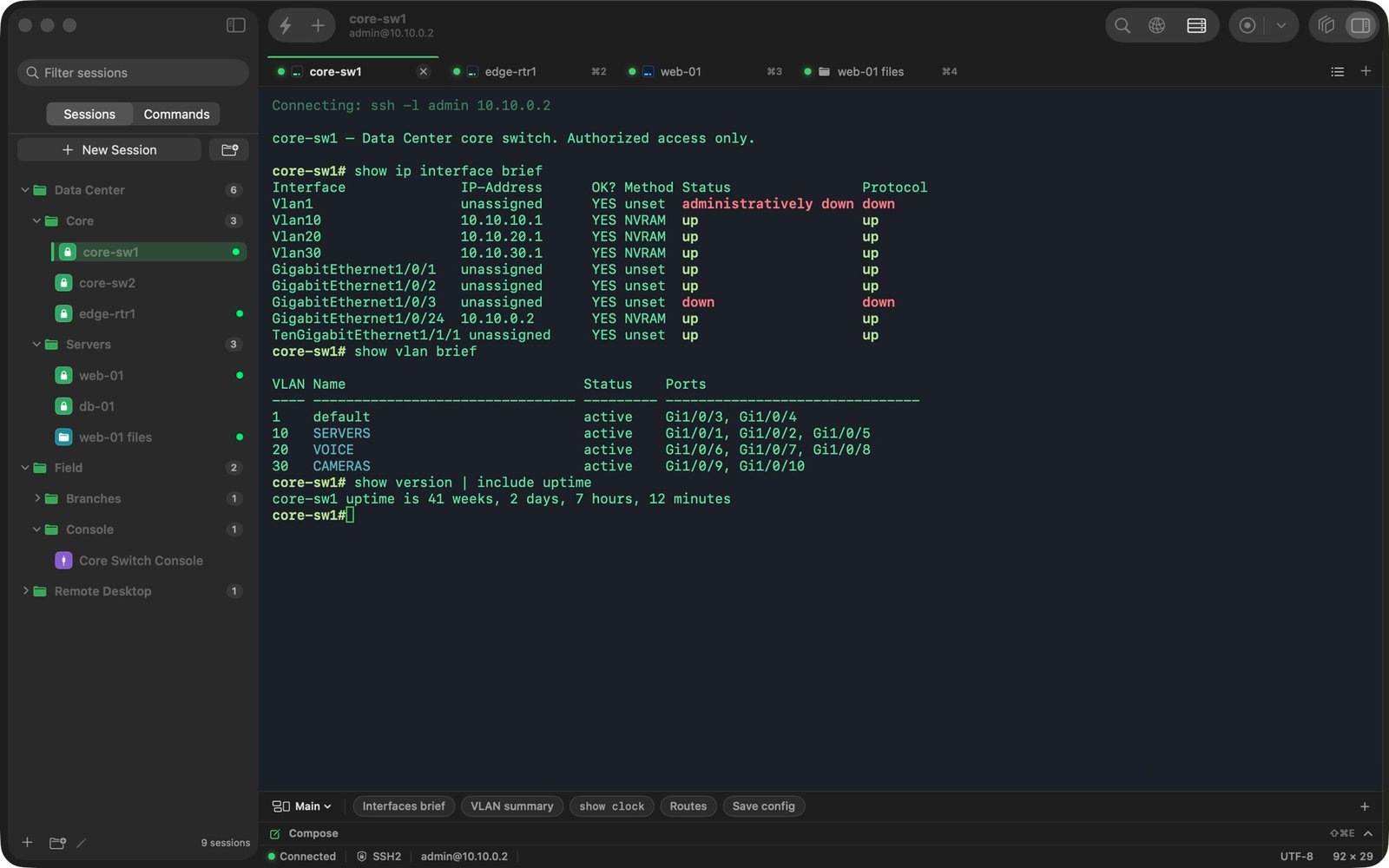 TaniTerm connected to a core switch over SSH, with saved sessions on the left and the command library on the right
