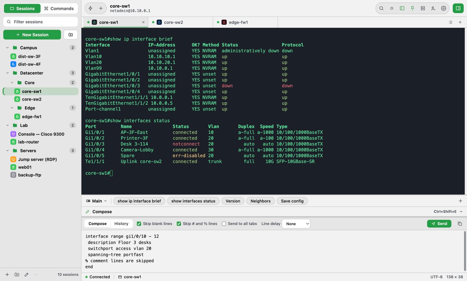 A configuration block ready to send in the Compose area