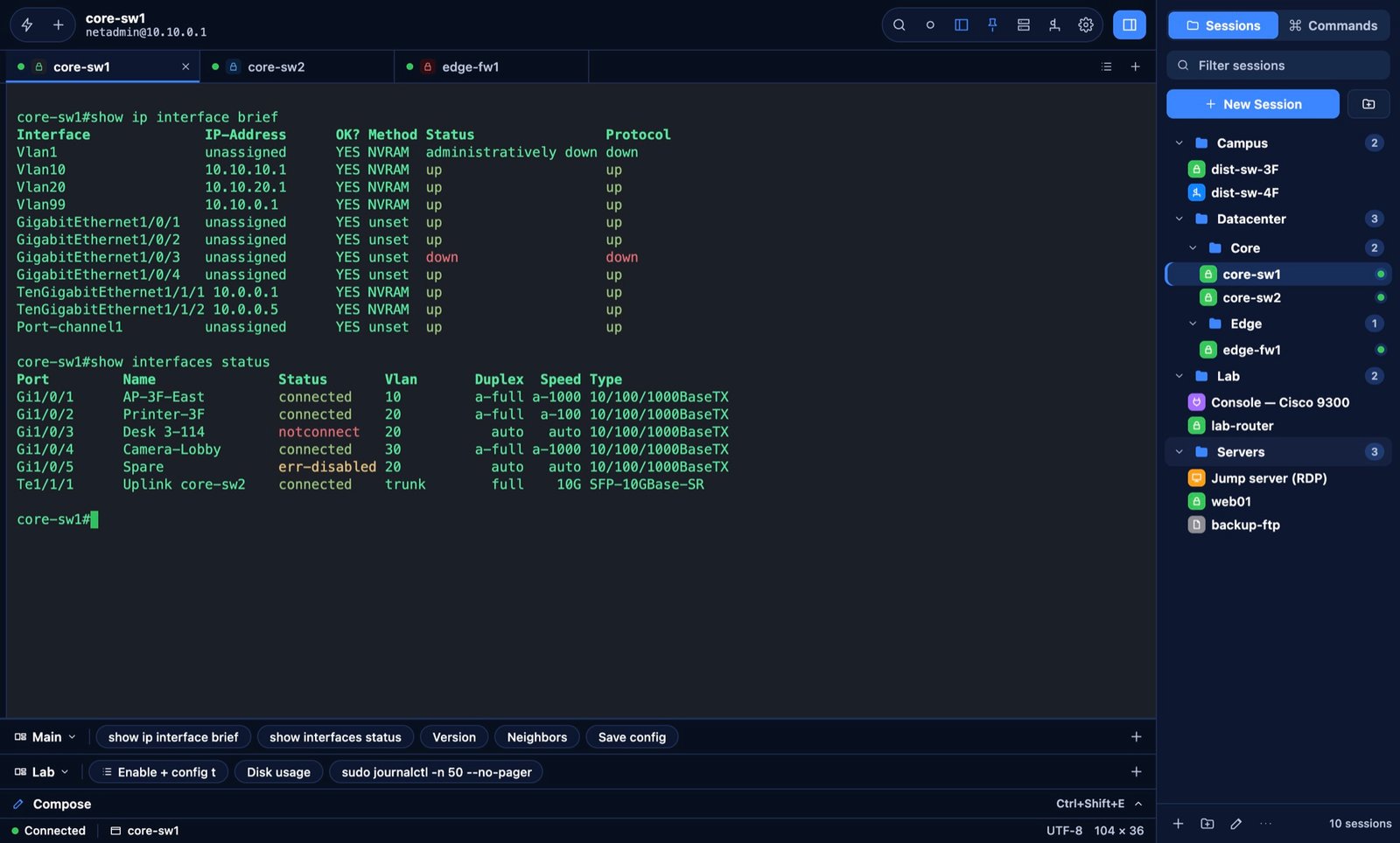 TaniTerm in the Midnight Blue theme with Sessions and Commands together on the right
