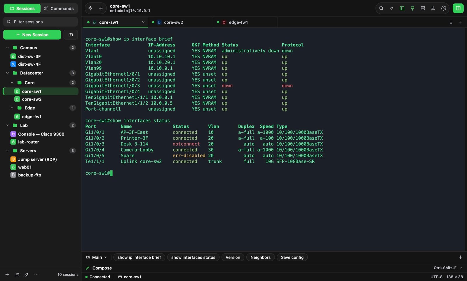 TaniTerm connected to a core switch over SSH, with saved sessions on the left and the command library on the right